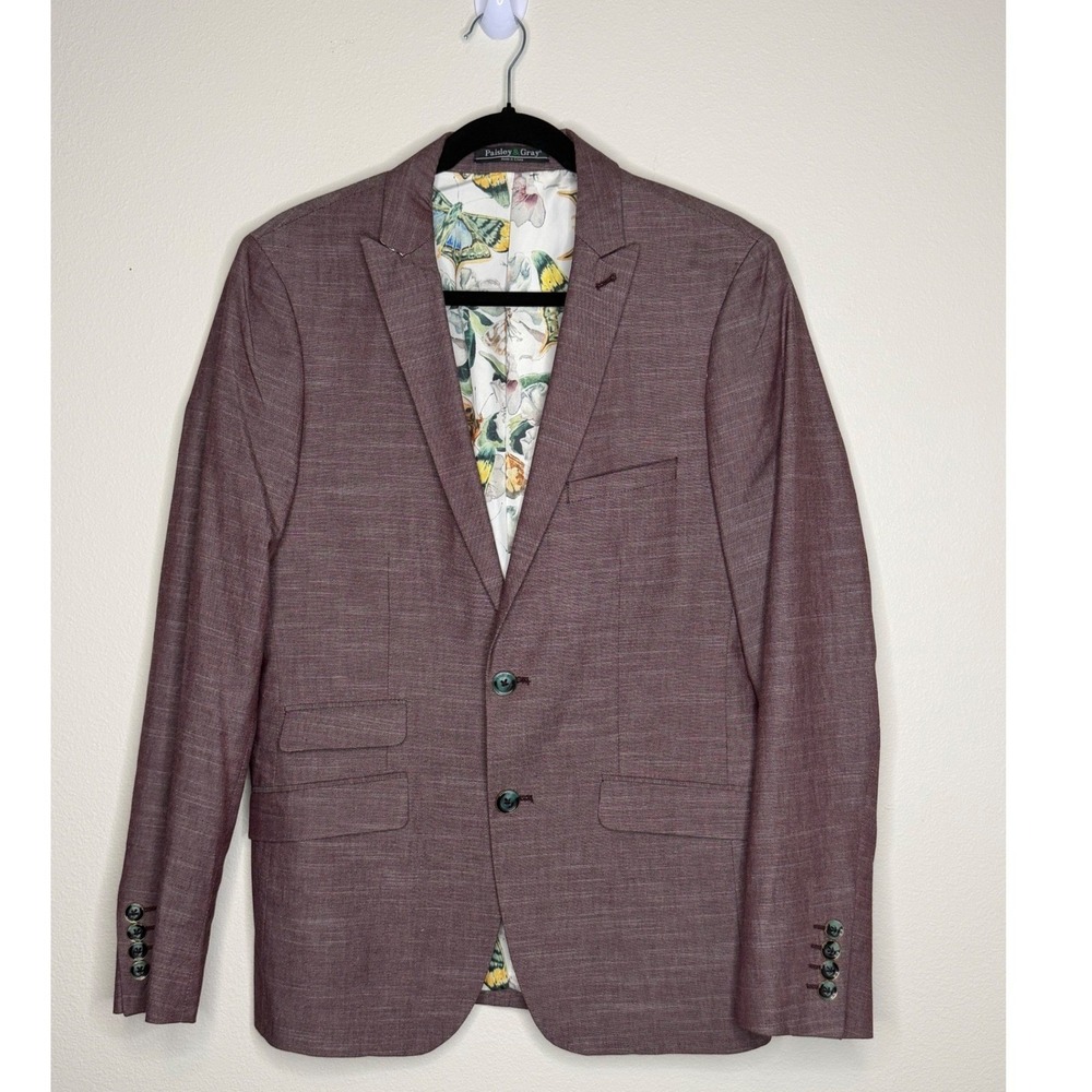 Paisley & Gray Men's Slim Fit Blazer 38R Burgundy Maroon Butterfly Lining Jacket